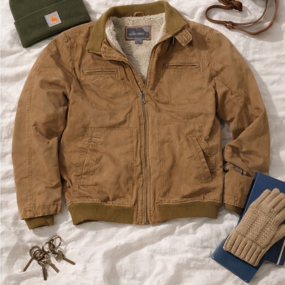 Old Navy Men's Brown Bomber Jacket with Green Trim